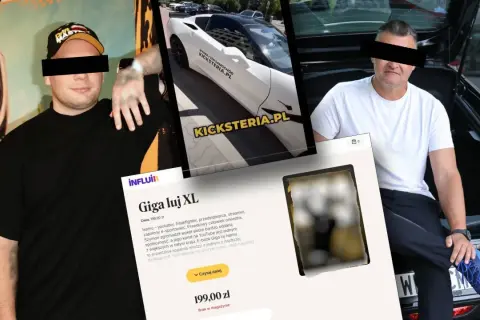 Koło fortuny jaki samochód? Na ekranie biały sportowy samochód z napisem Kicksteria.pl. Obok dwaj mężczyźni.