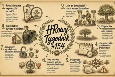 HRowy Tygodnik #154: Rekrutacja na potencjał, lider tworzy warunki, przywództwo dla dobra wspólnego, 4-dniowy tydzień pracy, delegowanie, liderzy AI, bezpieczeństwo informacji, koniec heroizmu. sobel każdego dnia tekst.
