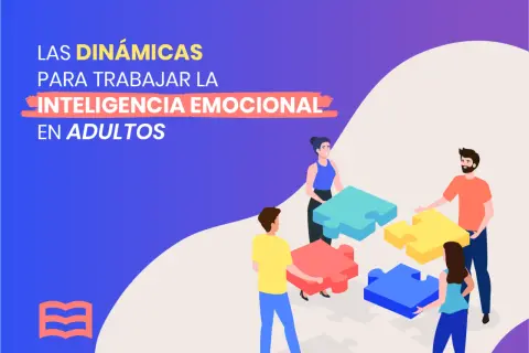 Adultos trabajando juntos en dinámicas para mejorar la inteligencia emocional, uniendo piezas de rompecabezas de colores.