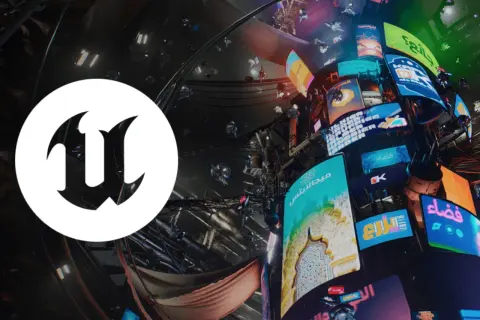 Logo Unreal Engine 6 na tle futurystycznego miasta z neonowymi reklamami i latającymi dronami.