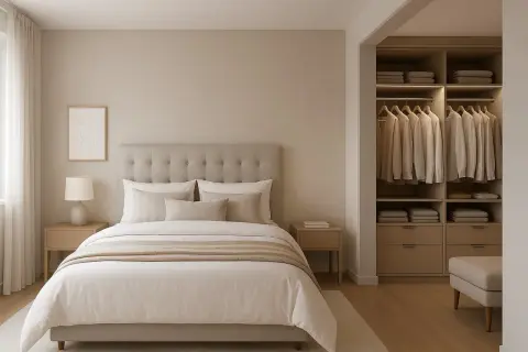 Habitación serena con cama confortable y armario organizado, ideal para decorar tu espacio.