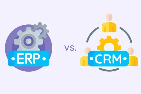 Iconos que representan ERP (engranajes) y CRM (personas y engranajes), comparando sistemas de gestión empresarial.