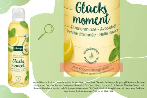 Kneipp Glücksmoment Schaum-Dusche mit Zitrone & Avocado. Inhaltsstoffe wie Sodium Anisate sorgen für ein erfrischendes Duscherlebnis.