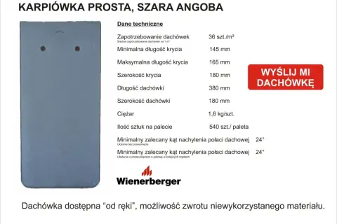 Dachówka karpiówka szara Wienerberger: 36 szt./m². Dane techniczne, wymiary, ciężar, kąt nachylenia.