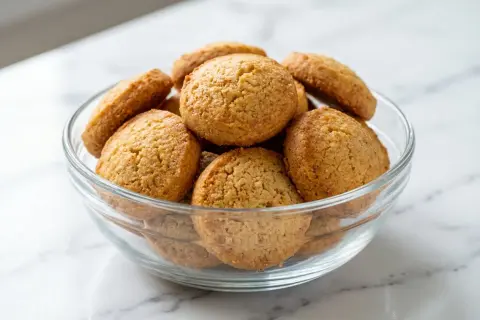 Un bol en verre rempli de petits biscuits dorés, parfaits pour une recette facile.