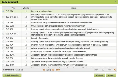 Wybór dokumentu ZUS DRA - deklaracja rozliczeniowa. Lista zawiera różne typy dokumentów ZUS.