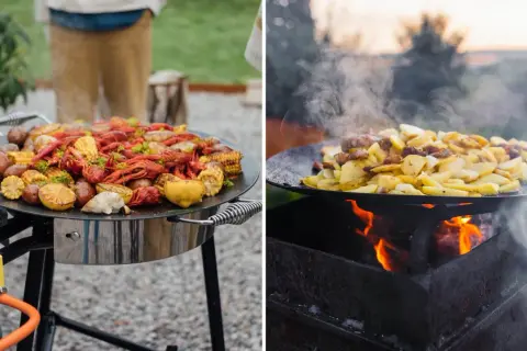 Kräftor, majskolvar och potatis tillagas på en muurikka. Ett härligt muurikka recept för utomhusmatlagning.