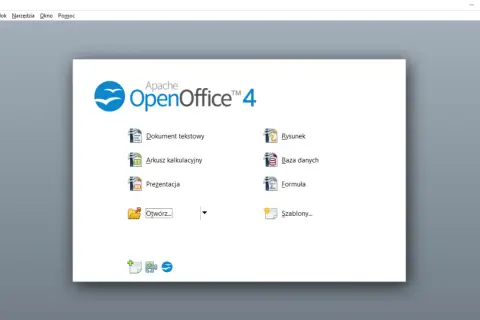Ekran startowy Apache OpenOffice 4, darmowego pakietu biurowego. Wybierz Dokument tekstowy, Arkusz kalkulacyjny, Prezentację lub inne moduły.