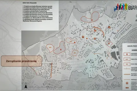 Mapa planistyczna Gdańsk Morena z zaznaczonymi przejściami, MPZP i terenami zielonymi.