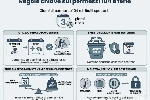 Infografica sulle regole dei permessi 104 e ferie. Spiega la differenza tra legge 102 e 104, i giorni spettanti e come si integrano con le ferie.