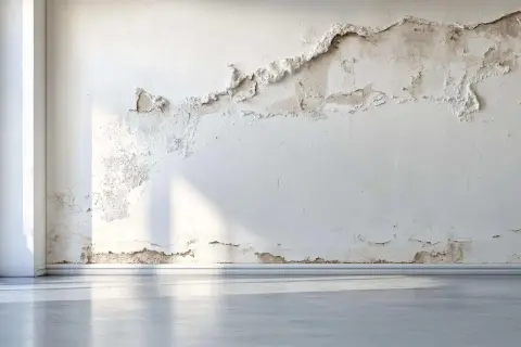 Muro con intonaco scrostato, segno di umidità. La finitura civile è compromessa, necessita di un intervento. Luce solare illumina la stanza.