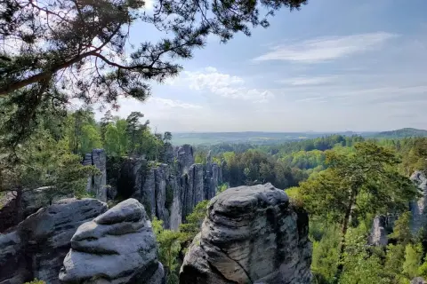 Blick über die Prachauer Felsen, eine beeindruckende Sandsteinformation, umgeben von grünen Wäldern und einem weiten Horizont unter blauem Himmel.
