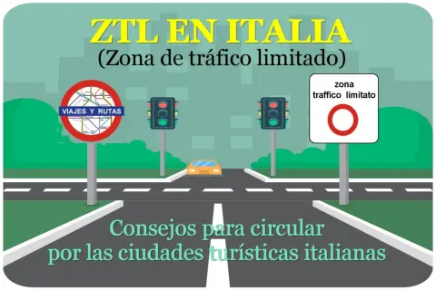 Señal de tráfico de zona limitada en Italia con semáforos y un coche.