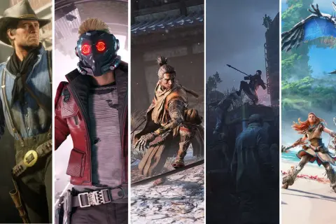 Kolaż postaci z gier akcji: kowboj, Star-Lord, samuraj, wojownik i łuczniczka.