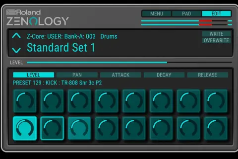 Roland ZENOLOGY interface showing "Standard Set 1" drum preset. Explore sound design options; is Zenology free?