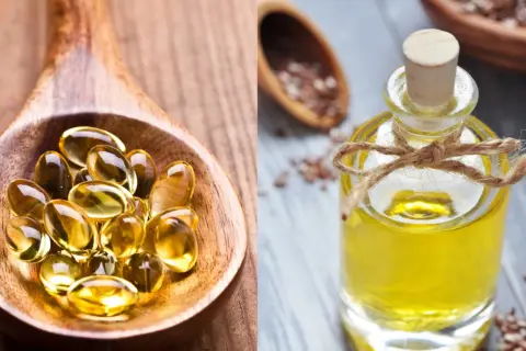 Łyżka z kapsułkami i buteleczka oleju lnianego. Czy tran jest zdrowy? Tak, to cenne źródło kwasów omega-3.