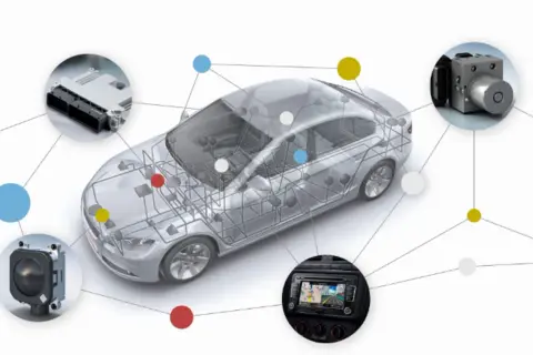 Schéma d'une voiture montrant le réseau CAN bus, avec des composants comme un radar, un module électronique et un système multimédia connectés.