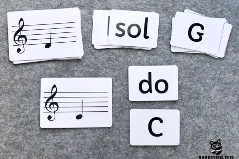 Nuty na pięciolinii dla dzieci: karty z nutami, literami "sol", "do", "G", "C" pomagają w nauce muzyki.