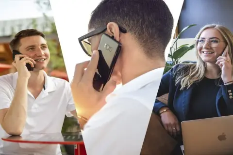 Tres personas en una llamada, cada una en su propio espacio, conectadas por la tecnología.