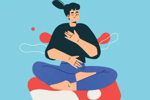 En person sitter i lotusställning med slutna ögon och händerna på bröstet och magen, en illustration som visar hur man kan lugna nervsystemet.