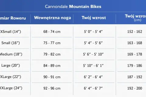 Tabela rozmiarów rowerów Cannondale. Rama 19 cali (Medium) jest odpowiednia dla osób o wzroście 169-178 cm.