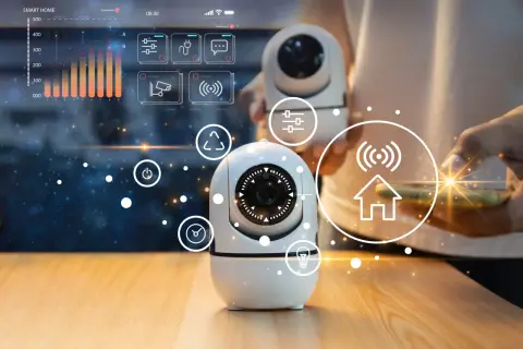Caméras intelligentes connectées, illustrant le fonctionnement d'une caméra de surveillance et de la domotique.