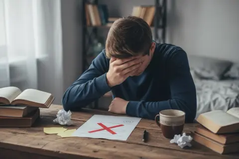 Młody mężczyzna z ręką na twarzy siedzi przy biurku z książkami i pracą z czerwonym krzyżykiem.