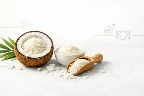 Połówka kokosa z wiórkami, miseczka i łopatka pełna wiórków. Czy wiórki kokosowe są zdrowe? Tak, to naturalny produkt.