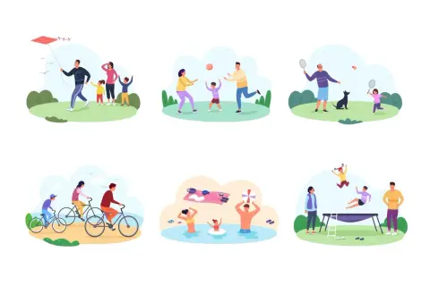 Różnorodne zabawy dla dzieci 9-12 lat na dworze: puszczanie latawca, gra w piłkę, badminton, jazda na rowerze, pływanie i skakanie na trampolinie.