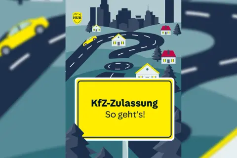Gelbe Autos auf kurviger Straße, Häuser und eine Stadtkulisse. Ein Schild mit "Kfz-Zulassung" weist den Weg.