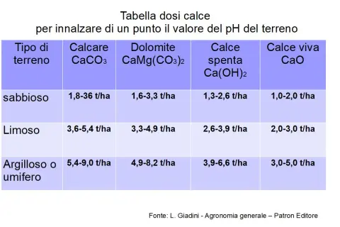 Tabella dosi calce per innalzare il pH del terreno. Indica a cosa serve la calce, con dosaggi per terreni sabbiosi, limosi e argillosi.