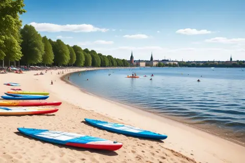Färgglada kajaker på stranden vid en av Stockholms badplatser. Människor badar och paddlar i det blå vattnet med stadens silhuett i bakgrunden.