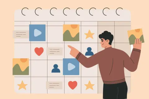 Man planerar sina **röda dagar** på en kalender med ikoner för sociala medier, bilder och hjärtan.