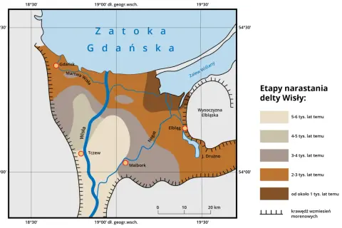 Mapa przedstawia etapy narastania delty Wisły, ukazując historyczne linie brzegowe i rozwój terenu. Atrakcje Żuław Wiślanych widoczne na mapie to m.in. Zatoka Gdańska, Zalew Wiślany oraz miasta takie jak Gdańsk, Tczew, Malbork i Elbląg.