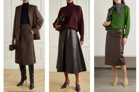 Tre modi eleganti per abbinare il marrone: gonna scamosciata con blazer a quadri, gonna in pelle con maglione bordeaux, gonna effetto coccodrillo con maglione verde.
