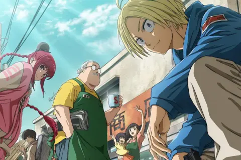 Charaktere aus Sakamoto Days Staffel 2 auf einer Straße, ein Mann mit blonden Haaren blickt neugierig herab.