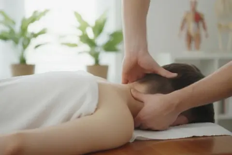 Profesjonalny chiropraktyk delikatnie masuje kark pacjenta, przynosząc ulgę i relaks.