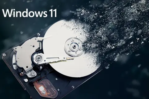 Dysk twardy rozpada się w pył pod logo Windows 11.