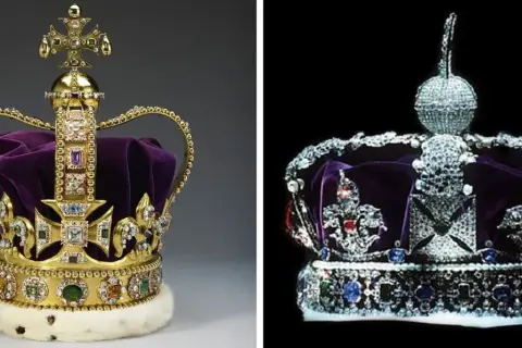 Dwie korony królewskie, jedna złota z purpurowym aksamitem i krzyżem, druga bogato zdobiona diamentami. Obie symbolizują władzę, jak korona królowej Anglii.