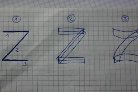 Drei Stufen der Z-Buchstaben-Zeichnung auf kariertem Papier.