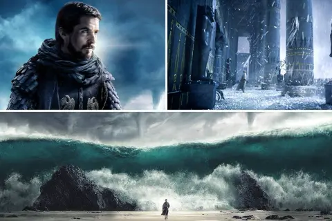 Mężczyzna w zbroi i szalu, zimowy pałac z posągami, rozstępujące się morze – epicki exodus.