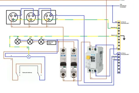 Schemat instalacji elektrycznej TN-C z gniazdkami, oświetleniem i wyłącznikami.