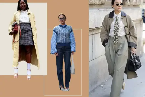 Kobiety prezentują styl preppy damski: trencz, krata, kamizelka, koszula, krawat, szerokie spodnie.