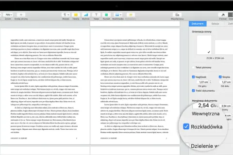 Program do pisania na komputerze z widocznym panelem ustawień dokumentu, gdzie można dostosować marginesy i inne parametry.