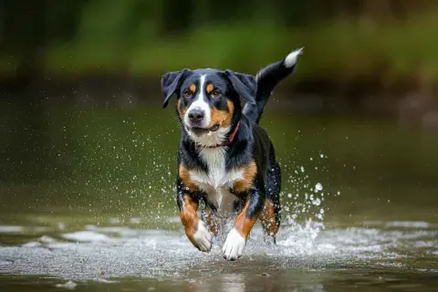 Un boyero de Appenzell corre feliz por el agua, salpicando a su paso.