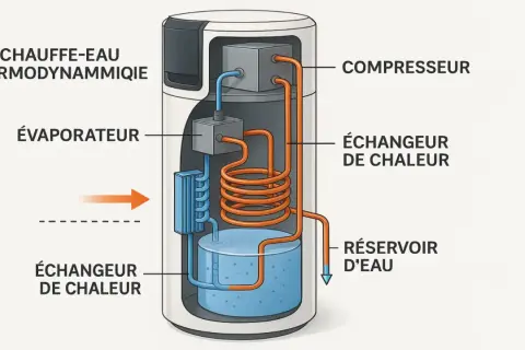 Schéma d'un chauffe-eau thermodynamique montrant le compresseur, l'évaporateur, les échangeurs de chaleur et le réservoir d'eau.