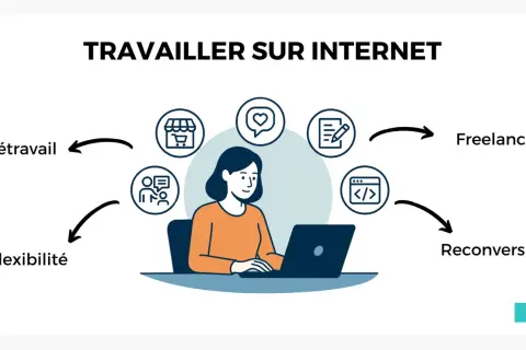 Une femme travaille sur son ordinateur, symbolisant le télétravail, la flexibilité et la reconversion. Idéal pour devenir rédacteur web à domicile.