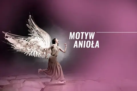 Kobieta z anielskimi skrzydłami biegnie po otwartych księgach, symbolizując motyw anioła w sztuce.