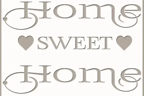 Texte "Home Sweet Home" en lettres bâton stylisées, avec des cœurs et des volutes.