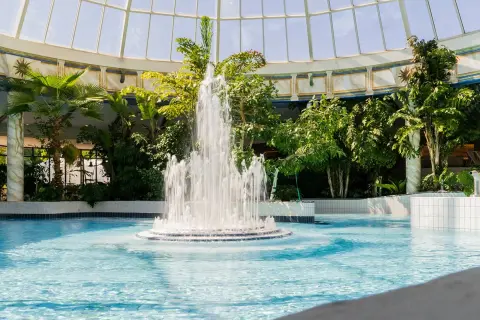 Ein tropischer Poolbereich mit einem sprudelnden Brunnen und Palmen unter einem Glasdach. Perfekt für einen entspannten Urlaub in Hessen.